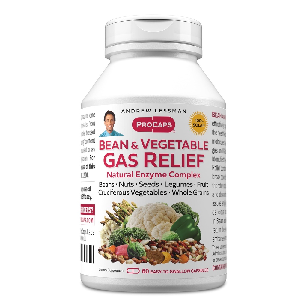 ANDREW LESSMAN Bean and Vegetal Gas Relief 60 Cápsulas - Complexo de Enzima Natural Reduz Gás, Bloating from Beans, Crucíferos Vegetais, Frutas, Grãos e Outros Alimentos. Gentil e eficaz