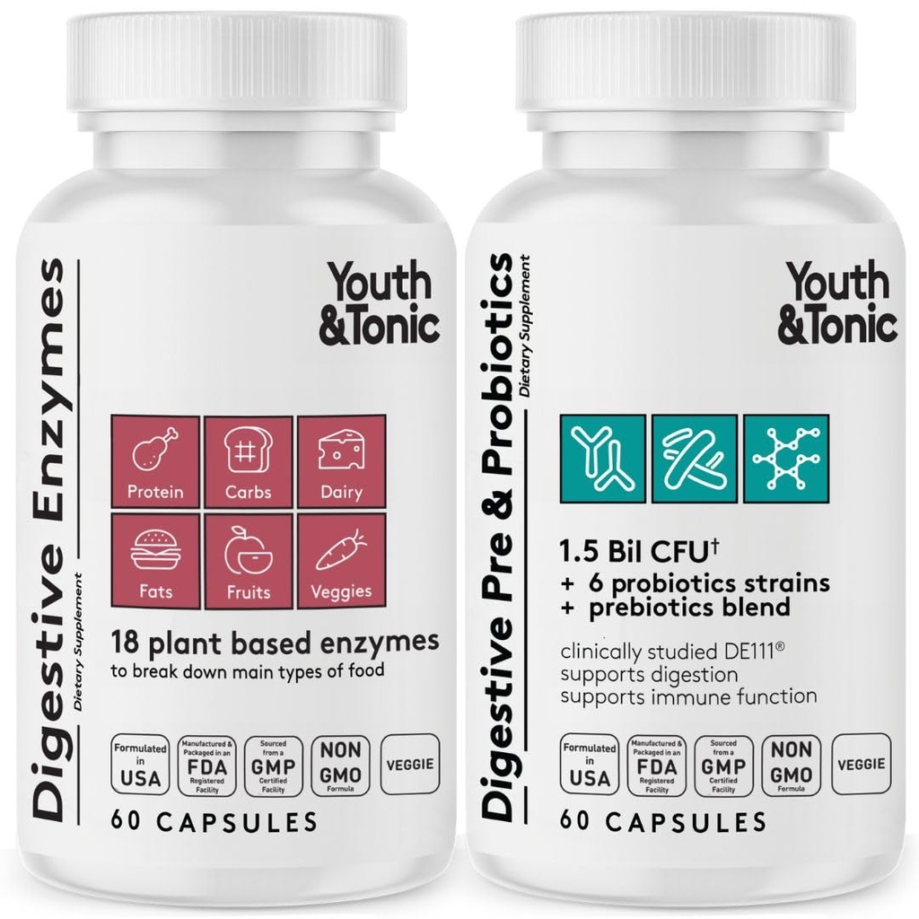 Juventude & Tonic Suplemento Digestivo para Bloating, Regularidade & Gut Saúde. Enzimas de espectro completas Probióticos e Prebióticos para Digestion para quebrar alimentos e usar diariamente, para mulheres e homens – 120 comprimidos