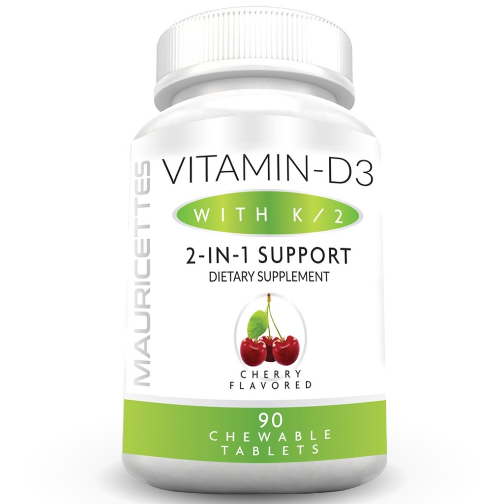 Mauricettes mastigável vitamina D3 com K2 – 2-em-1 Bone & Heart Health Support – Imune Booster – Natural Cherry Flavor – 90 comprimidos para adultos e crianças