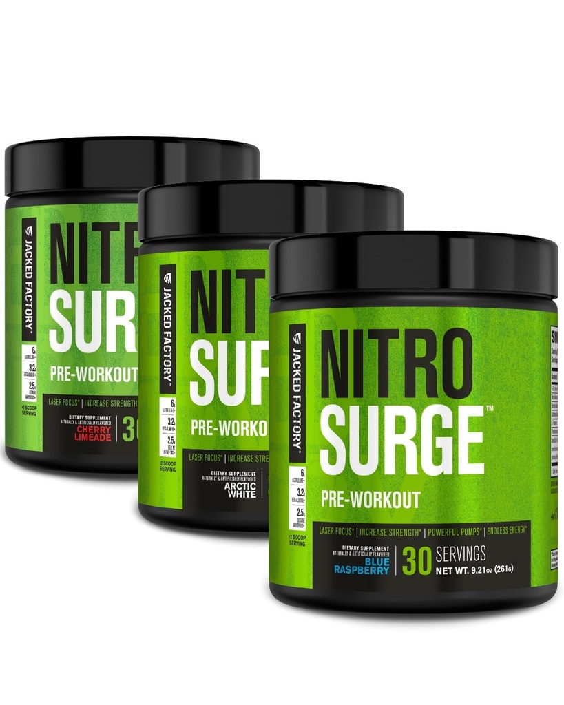 Fábrica Jacked NITROSURGE Pre Treino Suplemento - Energia sem fim, Ganhos de força instantâneos, Foco claro, Bomba Intense □ Limeade de cereja, Framboesa Azul, Branco Ártico (90 Servings)