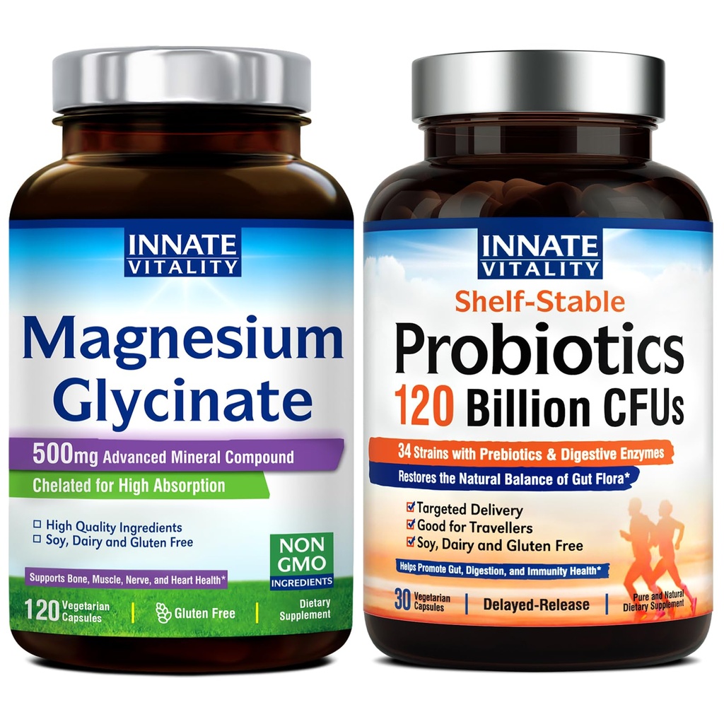 Vitalidade inata Glicinato de magnésio & Probióticos 120 Bilhões Bundle, Não-GMO, Não Gluten Dairy Soy & Vegan, Magnésio (120 Caps) & Probiótico (30 Caps)