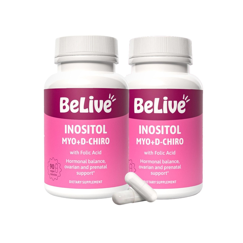 BeLive Myo-Inositol & D-Chiro Inositol Supplement – 2 Pack – 90 Cápsulas Cada – 40:1 Relação com Ácido Fólico para Mulheres