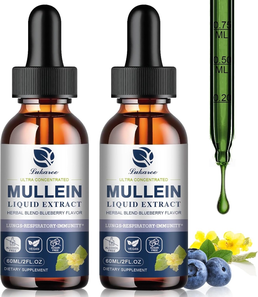 Mullein Drops para pulmões, Detox pulmonar e limpeza, Vegan Mullein Folha Extrato Tintura com clorofila Elderberry, etc, Suplemento de ervas naturais para respiração, Imune, 60 Servings