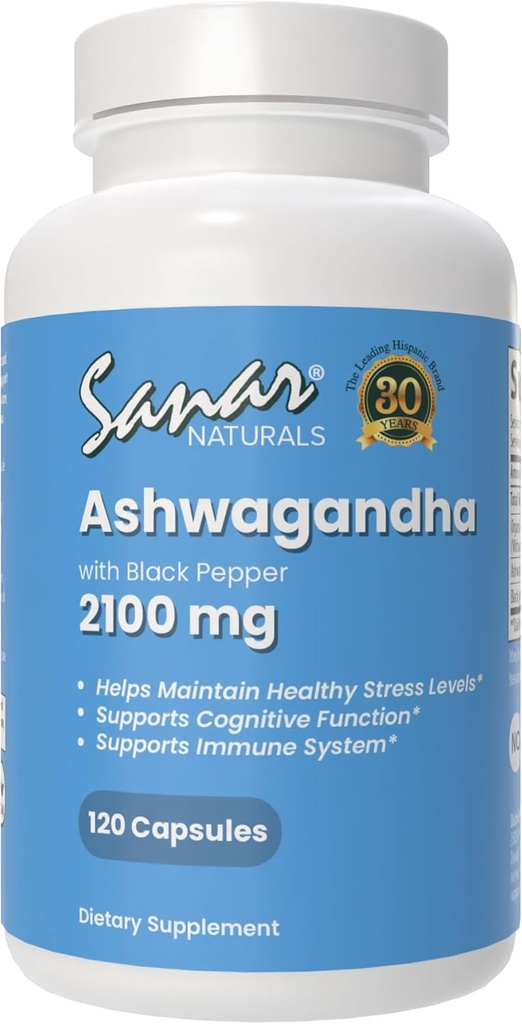 Sanar Naturals Ashwagandha 2,100 mg - Stress & Mood Support Supplement - Promove Foco e Energia Mantida, Pó de Ashwaghanda e Extrato de Raiz Mistura com Pimenta Negra - Não-GMO, 120 Cápsulas