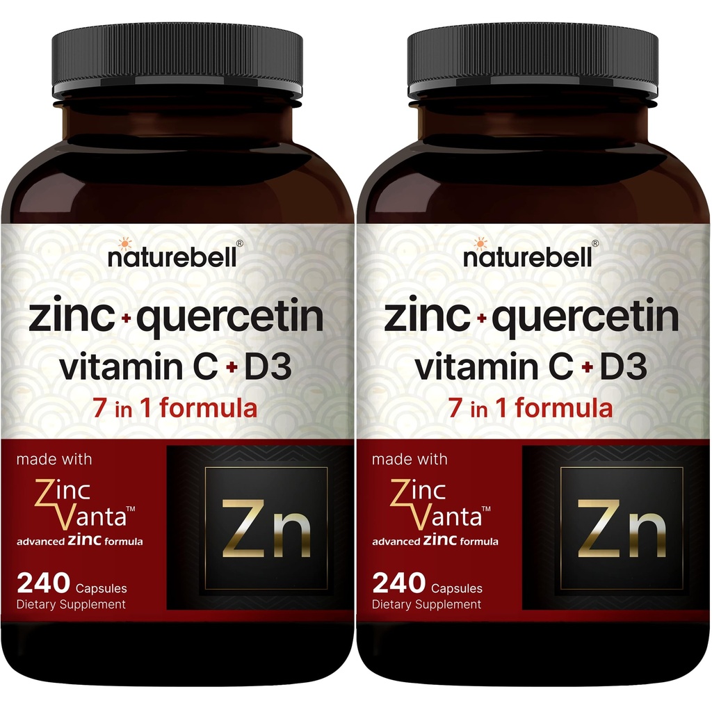 NatureBell Zinc Quercetin com Vitamina C & D3, 480 Cápsulas (2 Pacote) Ourcetin 1,000mg + Zinc 50mg + Vitamina C 250mg + Vitamina D3 5.000 UI