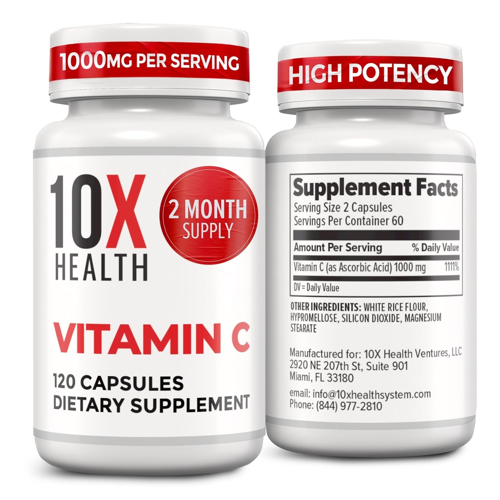 10X Health Vitamina C 1000mg - 120 Cápsulas Vitamina C, Ácido Ascórbico de Alta Dose para Imunidade, Proteção Antioxidante, Colágeno e Suporte de Tecido para Adultos - VitaminaC 1000 mg - Não-GMO, Sem Glúten
