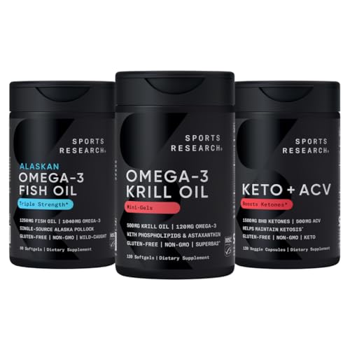Esportes Pesquisa Tripla Força Omega-3 Peixe Óleo, Óleo de Krill Antártico + Fosfolipídios, Colina e Astaxantina Mini-Softgels, Keto Plus ACV 500mg de Apple Cider Vinagre e 1500mg goBHB Cetonas Exógenas