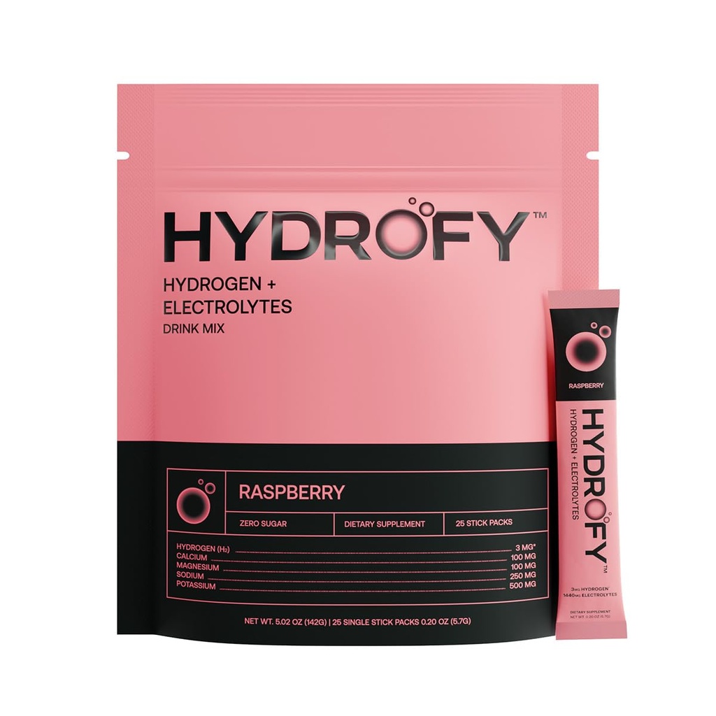 Hydrofy Hydrogen Water + Electrolytes Drink Mix H2 Hydration Packets with Molecular Hydrogen, Sódio, Potássio, Magnésio, Cálcio e Minerals □ Sem Açúcar □ Framboesa 25 Ct