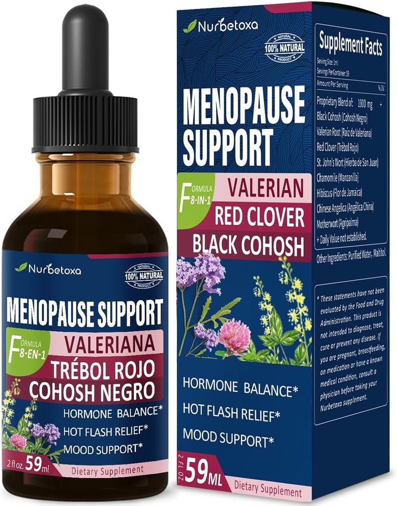 Black Cohosh Menopausa Suporte Drops, Phytoestrogen Suplementos W / Red Clover, Motherwort & St. John's Wort Extract para flashes quentes, suores noturnos e conforto. Cimicifuga para Menopausia. 2 onças