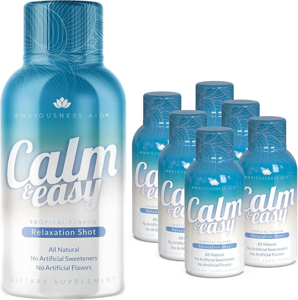 Calma & Fácil - Tiro de alívio de estresse natural, KSM-66 Ashwagandha, Suntheanina L Theanina, Refrigerante Adaptogen Drink, Relaxação, Foco, e Humidade 2 oz garrafa líquida (6 Pack)