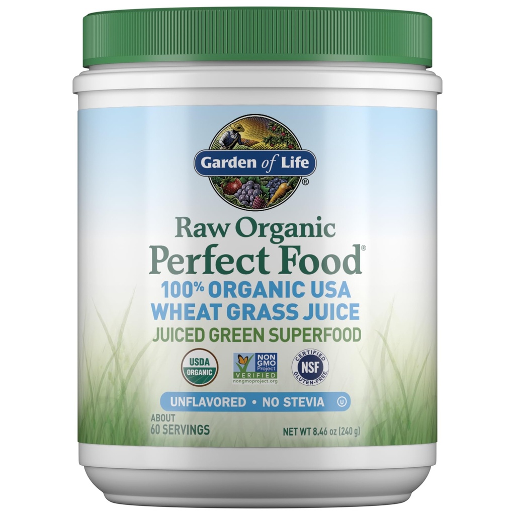 Jardim da vida Raw Organic Perfect Food 100% Organic USA Wheat Grass Juice - Juiced Green Superfood Greens Pó, 60 Servings - Stevia-Free, Não-GMO, Vegan, Gluten Free Whole Food Dietary Supplement
