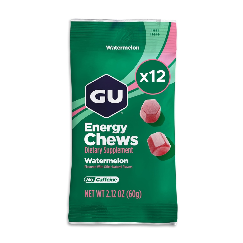 GU Energy Chews, Gummies de energia de melancia com eletrólitos, Vegan, Gluten-Free, Kosher, Cafeína-Free, e Dairy-Free On-The-Go Energy para qualquer treino, 12 Bags (24 Servings Total)
