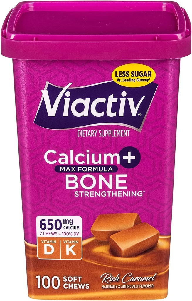 Viactiv Max Fórmula Cálcio +Vitamina D3 Suplemento para Saúde Óssea, Caramel Rico, 100 Mastigação Macio - 6 Pack