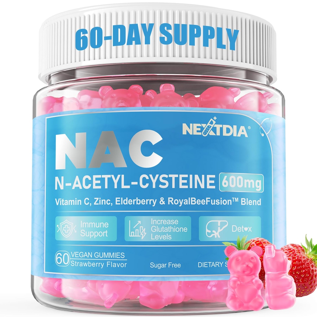 Nextdia NAC Gummies para Crianças e Adultos, Mastigável N-Acetil Cysteine Suplemento 600mg 1000mg w/Vitamina C, Zinco, Elderberry para Antioxidantes e Imune Suporte, Pulmão & Saúde do fígado, Açúcar grátis, 120 Ct