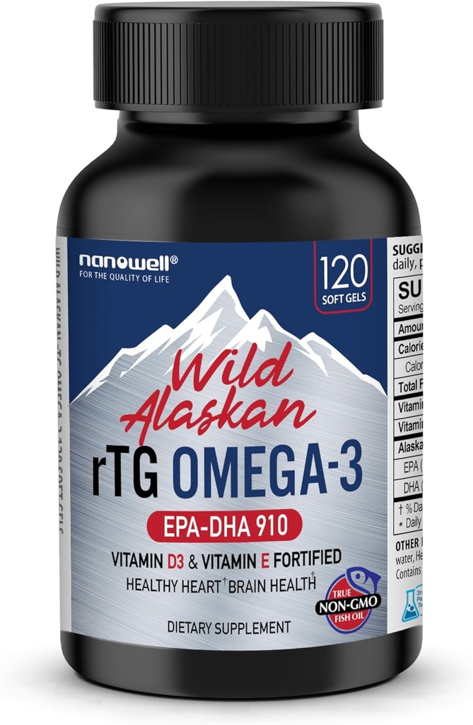 NANOWELL Wild Alaskan rTG Omega-3 Fish Oil 1196mg - EPA, DHA, Vitamina D3 & E - 120 Softgels, suprimentos de 60 dias