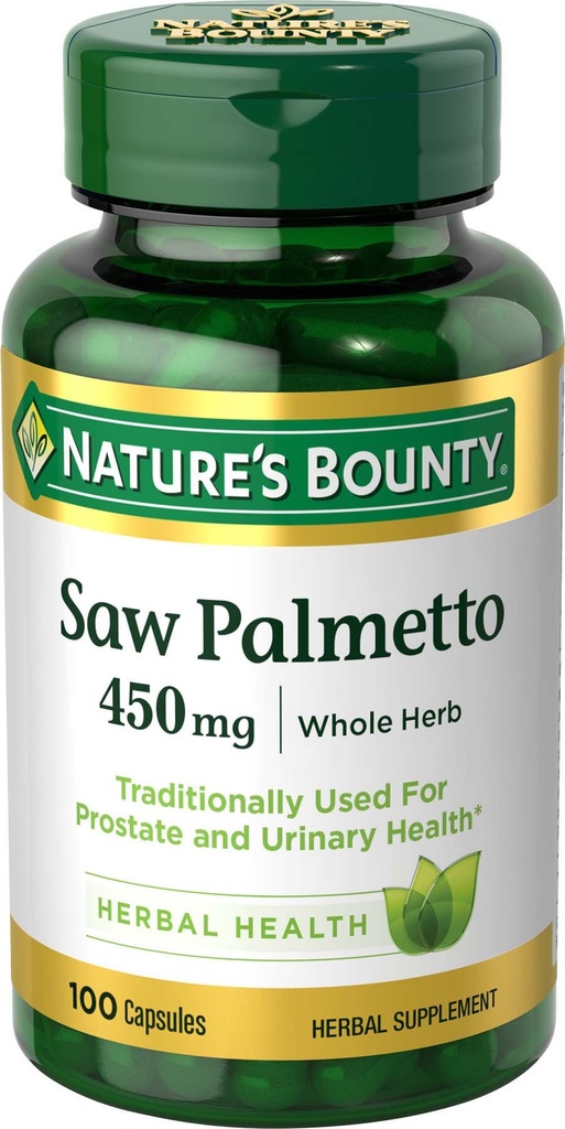 Natural Bounty Saw Palmetto, Herbal Health Supplement, Próstata e Saúde Urinária, 450 mg, 100 Cápsulas
