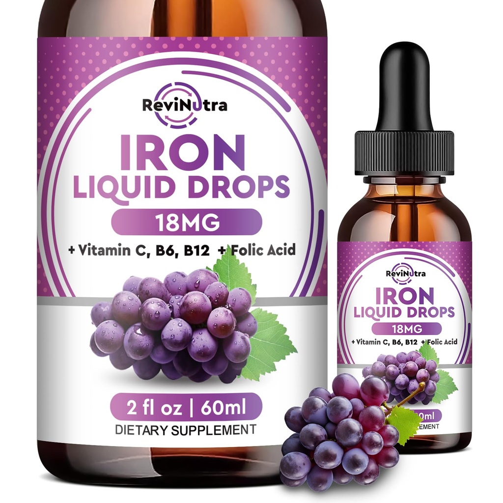 Suplemento de Ferro Líquido para Mulheres, Homens e Crianças - Gotas de Ferro Líquido com Folato, Vitamina C, B6, B12 para Anemia, Célula de Sangue Vermelha, Suporte de Energia - Sabor de Uva, 2 Fl Oz