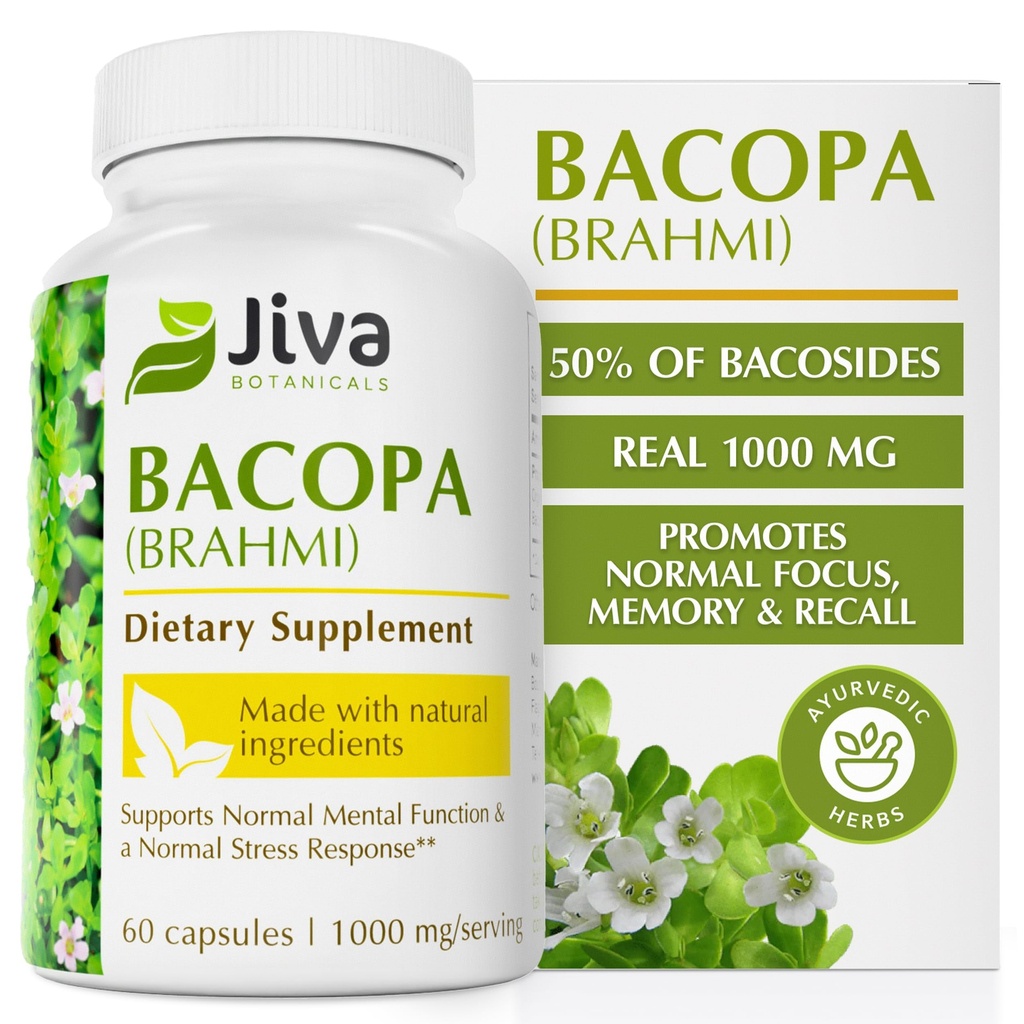 Jiva Botanicals Bacopa Monnieri Supplement Pure 1000mg per Serving - Alta Potência Bacopa Monnieri (Brahmi) & Extract for Normal Brain, Focus, & Memory Support - Ayurvedic Herbs - 60 Cápsulas