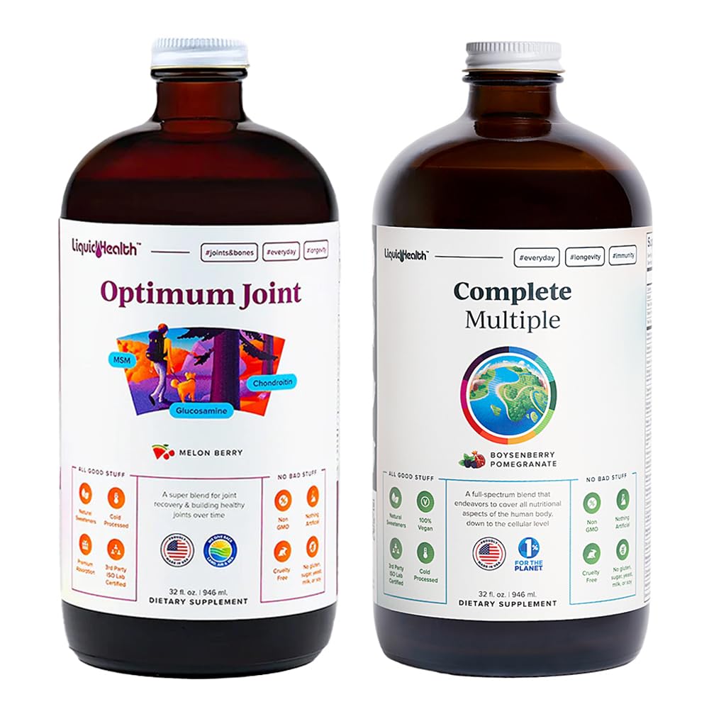 LIQUIDHEALTH Optimum Joint Glucosamine Chondroitin Suplemento & Complete Multiple Daily Multivitamin Bundle para homens e mulheres - Suporte imunológico, Saúde conjunta óssea, alimentos integrais - EUA Made, Vegan, Não-GMO