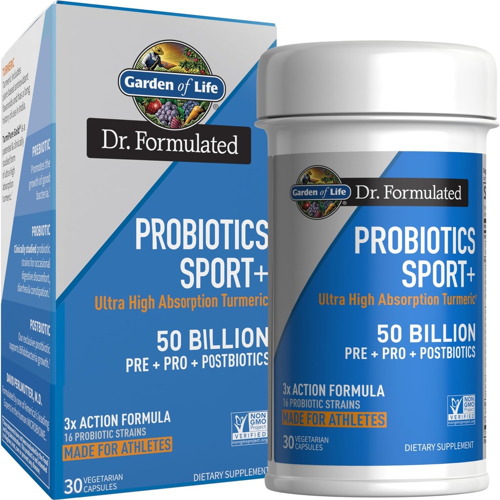 Jardim da Vida Dr Formulado Probióticos Esporte Suplemento Digestivo, Prebióticos Orgânicos para Mulheres e Homens Atletas, Clinicamente Estudioso Curcumina Acumérica, 50 Bilhões UFC, Gut Saúde, Acidophilus, 30ct