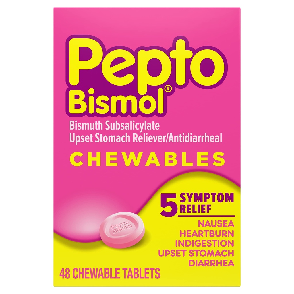 Pepto Bismol Comprimidos Mastigáveis para Náuseas, Azia, Indigestão, Estômago Chateado, e Diarréia - 5 Sintomas Rápidos de alívio, Sabor Original, 48 quilates