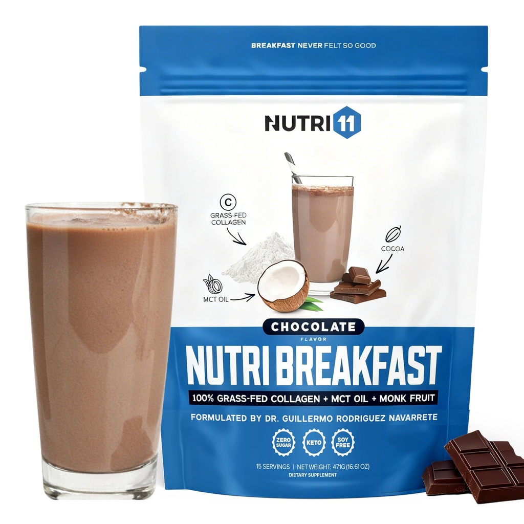 NutriBreakfast por Nutrillermo/Keto Protein Colágeno em pó com óleo MCT/MCT Oil Powder/Keto Colágeno Peptídeos com Colágeno Bovino de Feita de Grama Tipo I & III (15.9, Chocolate)
