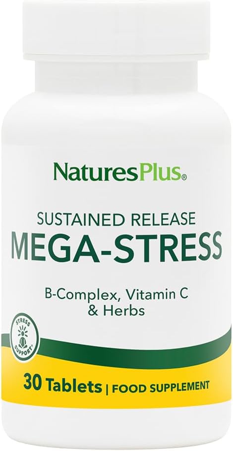 Natures Plus Mega Complex, versão mantida - 30 Comprimidos Vegetarianos - B Complexo, Suplemento de vitamina C, Camomila e Ervas - sem glúten - 30 Servimentos