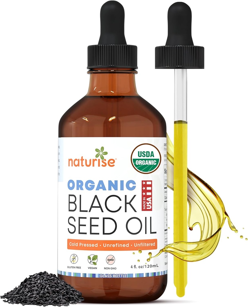 USDA Black Cumin Seed Oil Organic – Nigella Sativa Black Seed Oil Organic Cold Pressed & Unrefined in Glass Bottle – Vegan, Não-GMO Blackseed Nails & Hair Growth Oils (4 fl oz)