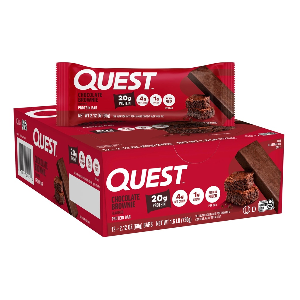 Quest Nutrition Chocolate Brownie Protein Bar, 20g de proteína, 1g de açúcar, 4g de carboidrato líquido, sem glúten, sem glúten, 12 contagem