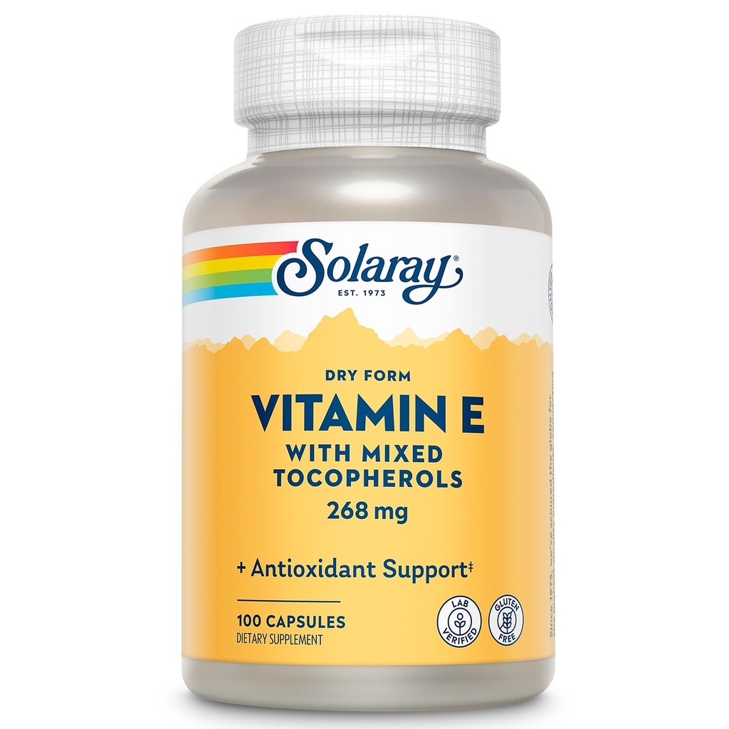 SOLARAY Vitamina E 400 UI (268mg), Forma seca - Fonte natural, Tocoferóis mistos Vitamina E - Suplemento antioxidante, PMS e suporte de menopausa - 60 dias de garantia, Lab verified - 100 Serv, 100 Cápsulas