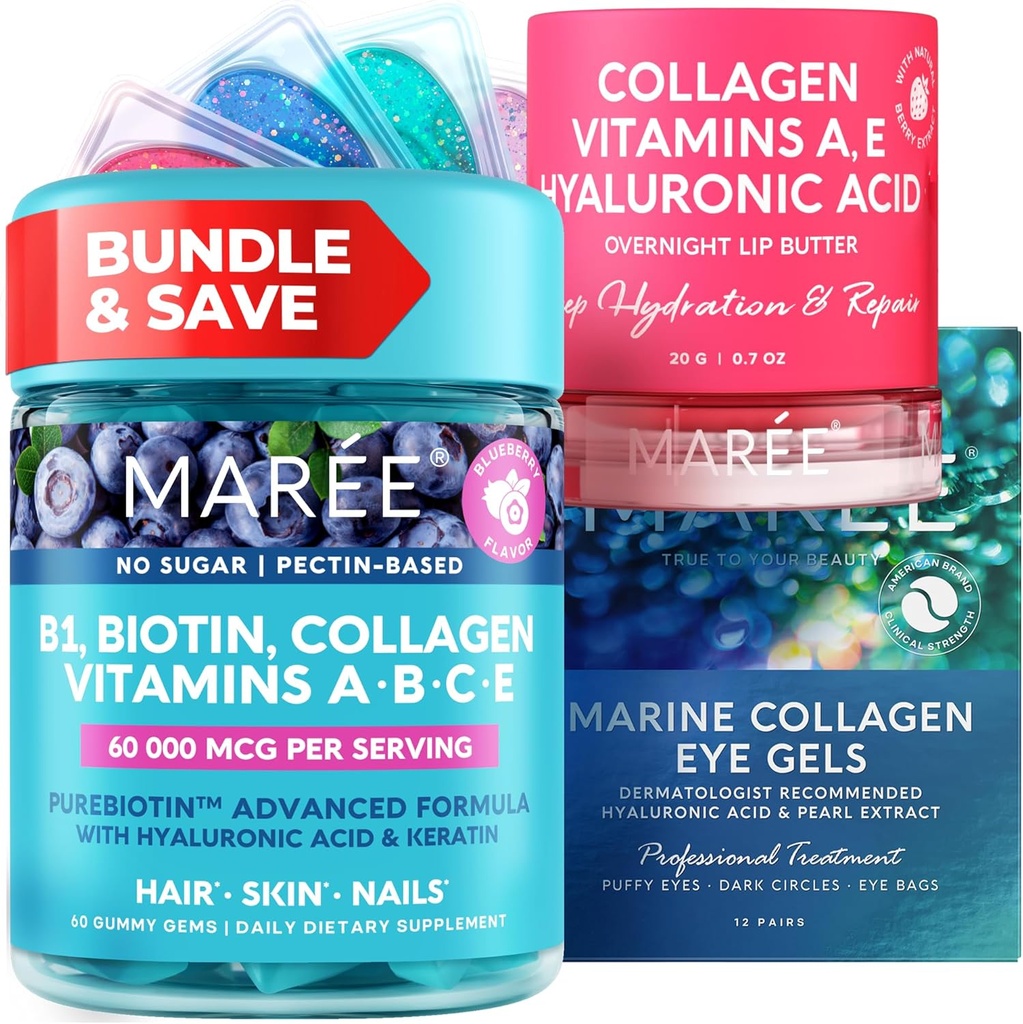 MAREE Bundle - Vitamina B1 Gummies Thiamine, Máscara Lip, Sob Geles Oculares - A, E, D, C Vitaminas - Colágeno e Ácido Hialurônico - Complexo para Pele, Unhas, Cabelo - Máscara para Lábios Secos - Geles para Olhos Puffy