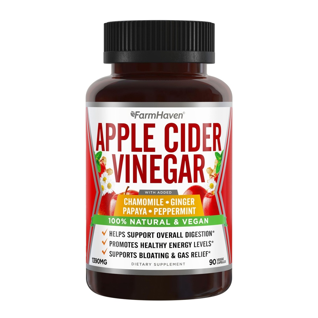 Apple Cider Vinagre Cápsulas com gengibre, papaia e camomila ; 1390mg ; Melhora a digestão, a energia, a imunidade ; Acalma os gases e os problemas de inchaço ; Como com a mãe ; Não-GMO e 100% Natural .