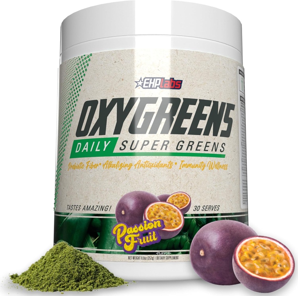 EHP Labs OxyGreens Super Greens Pó - espirulina e chlorela Superalimento, suco verde Pó & Greens Suplementos com fibra prebiótica, antioxidantes e suporte de imunidade, 30 Serves (Passionfruit)
