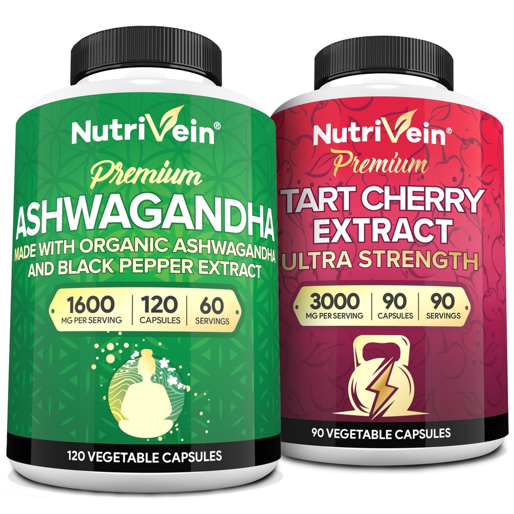 Nutrivein Premium Ashwagandha Cápsulas & Tart Cherry Cápsulas Bundle: Alta absorção Tart Cherry Extract e Suplementos Ashwagandha para recuperação, equilíbrio e vitalidade