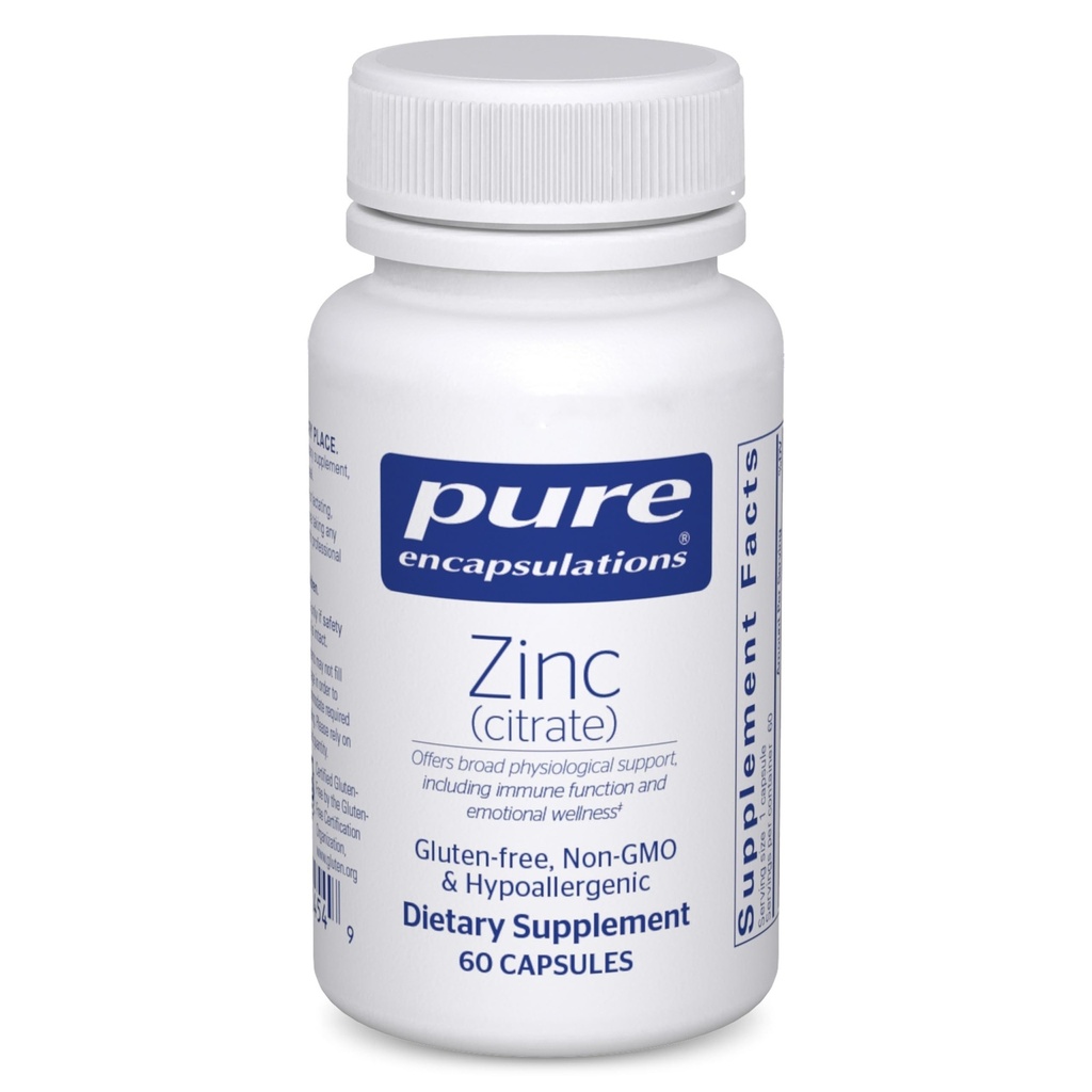 Encapsulamentos puros Zinco (Citrato) - para Sistema Imune, Desenvolvimento de Tecidos e Metabolismo* - Suplemento mineral com Enzimas - Zinco altamente absorvível - Vegan & Non-GMO - 60 Cápsulas