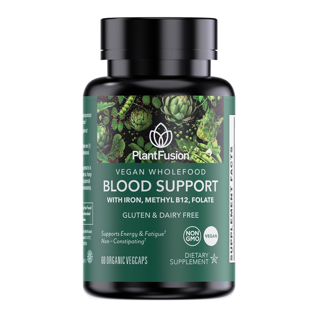 VegetalFusion Vegan suplemento de ferro para mulheres e homens - Gentle planta-based ferro com vitamina C, metil B12, folato - não-constipante, Pílulas de ferro integrais para a energia, Anemia e sangue Suporte, 60 Cápsulas