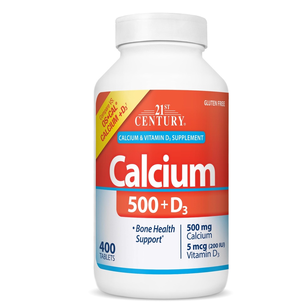 Comprimidos de cálcio 500 mg mais D3 do século 21, 400