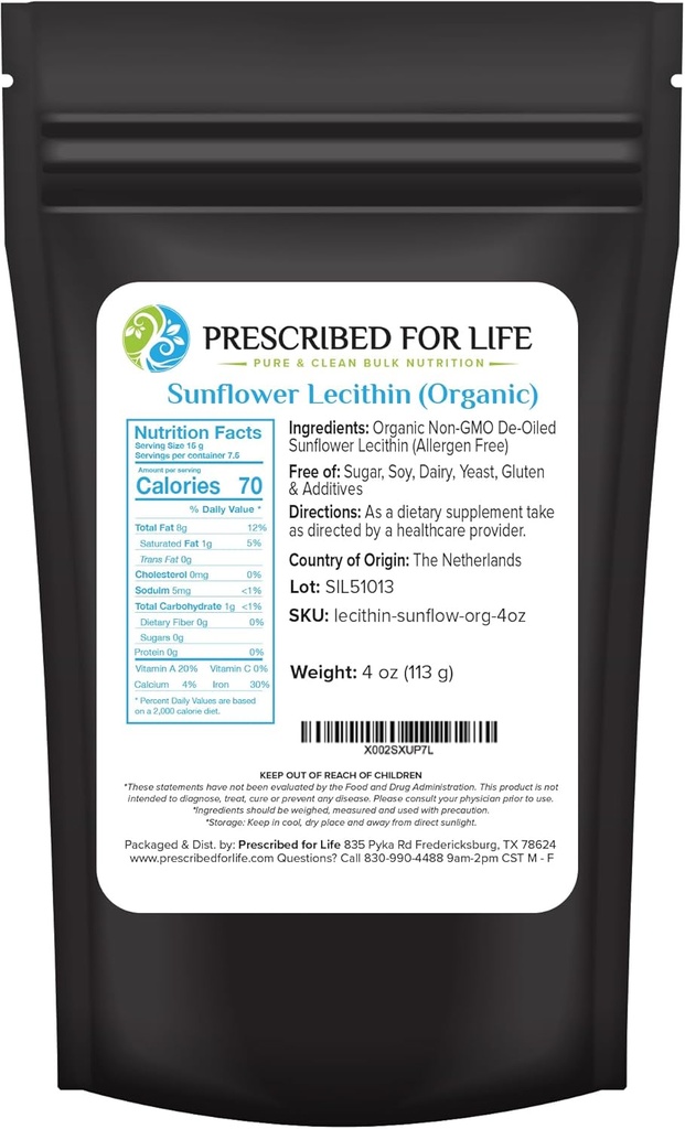 Prescrito para a vida Lecitina em pó de girassol orgânico, Natural, Sem glúten, Vegan, Não OGM, Soja livre, Kosher, Suplemento de lecitina rico em cholina & ácidos gordos essenciais (4 oz / 113g)