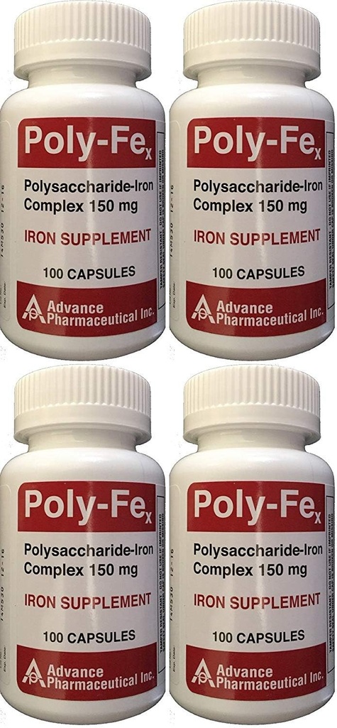 Polissacarídeo Complexo de Ferro 150 mg Cápsulas Suplemento de Ferro 100 Cápsulas por frasco Embalagem de 4 Total 400 Cápsulas