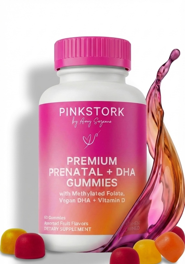 Cegonha rosa Premium Vitaminas Gummy pré-natal com DHA, folato, e vitamina D - Multivitamin e mistura nutriente para tubo neural e desenvolvimento do cérebro fetal - gravidez deve ter - 60 Gummies Vegan