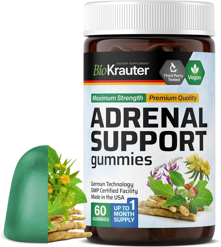 BIO KRAUTER Gummies de suporte adrenal - 60 mastigações - Rhodiola & Ashwagandha Gummies com vitaminas C, B6, B12 - Vegan Mood Support Supplement