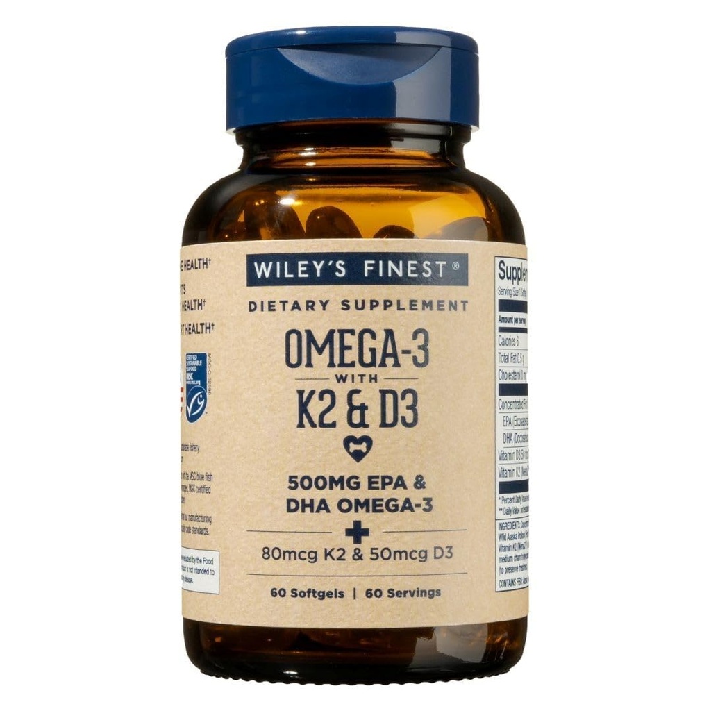 Wiley's Finest Wild Alaskan Fish Oil Vitamina K2 & D3 Softgels - 500mg de EPA e DHA Omega-3s para suporte de saúde óssea e cardíaca - 60 Softgels (60 Servings)
