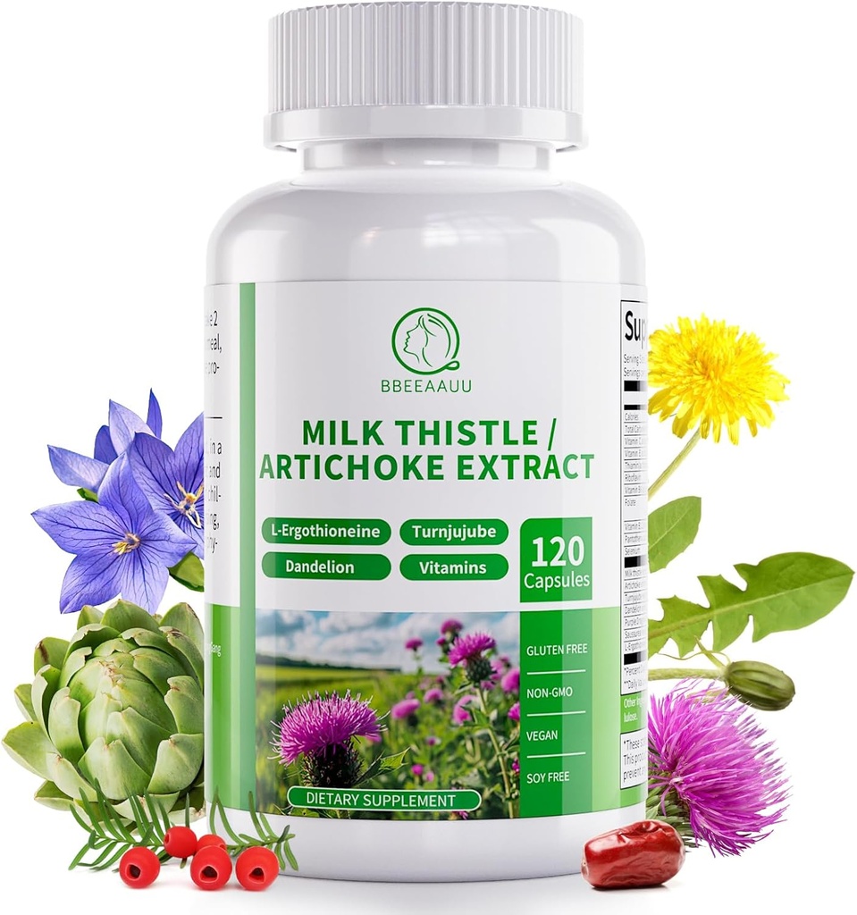 Suplemento de cardo de leite, Fígado Cleanse Detox e fórmula de reparo, 16-em-1 pílula de suporte de fígado de ervas com alcachofra, L-Ergotioneine, Turnjujube Dandelion Extract para fígado & Antioxidante 120 cápsulas