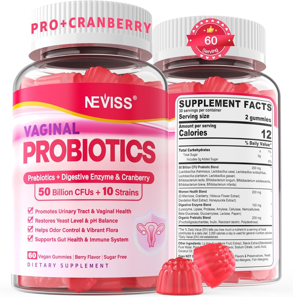 Gomas de Probióticos Vaginais para Mulheres PH Equilíbrio, Controle de Odor com Prebióticos, Cranberry, D-Mannose, Promove a Flora Vaginal Feminina Saudável, Trato urinário, Levedo, Suporte Digestivo, Açúcar Livre,120Cts