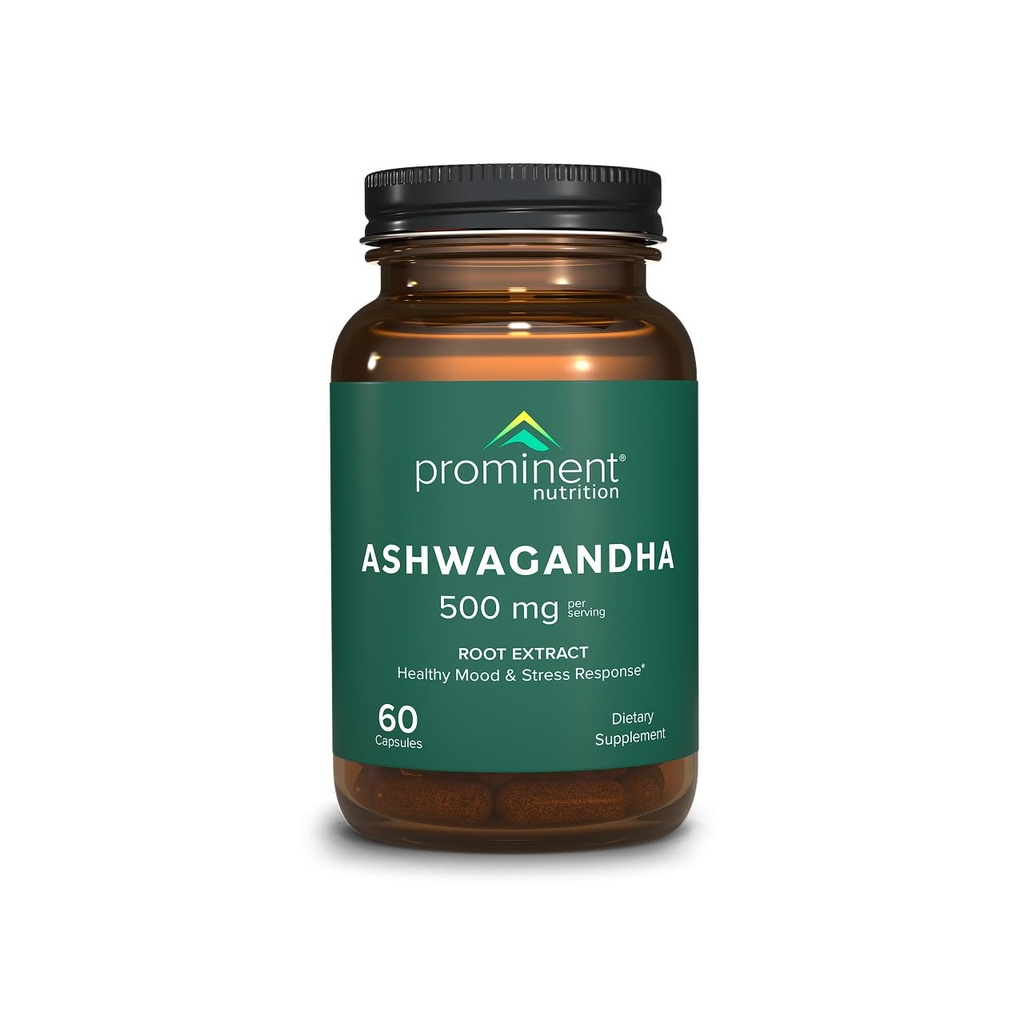 Nutrição proeminente Ashwagandha Suplemento - Clinicamente pesquisado Shagandha Root Extract para saudável humor e suporte ao estresse, padronizado para 2,5% Withanolides, 500 mg, 60 cápsulas Vegan - 1 pacote