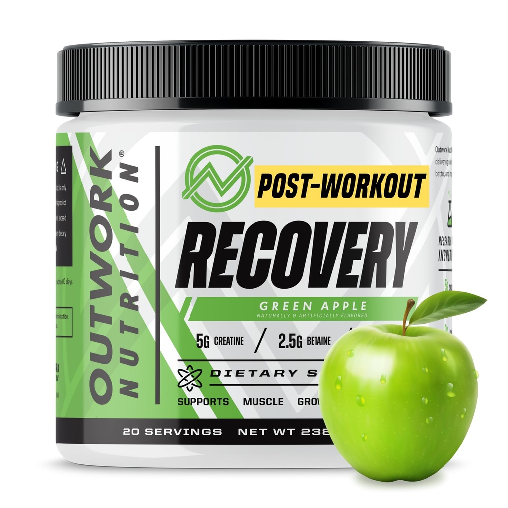 Outwork Nutrition Pós de recuperação de exercícios em pó - Creatina Monohidrato, KSM-66 Ashwagandha & Tart Cherry - Velocidades de recuperação, facilidades de dor - Creatina em pó para homens e mulheres, maçã verde, 240 Gr