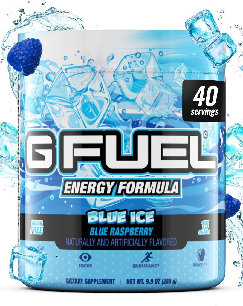 G Combustível Blue Ice Energy Drink Powder, Mistura de cafeína pré-treino para jogos, Amino sem foco de açúcar, Vitamina + antioxidantes, 9,9 oz (framboesa azul, 40 Servings)