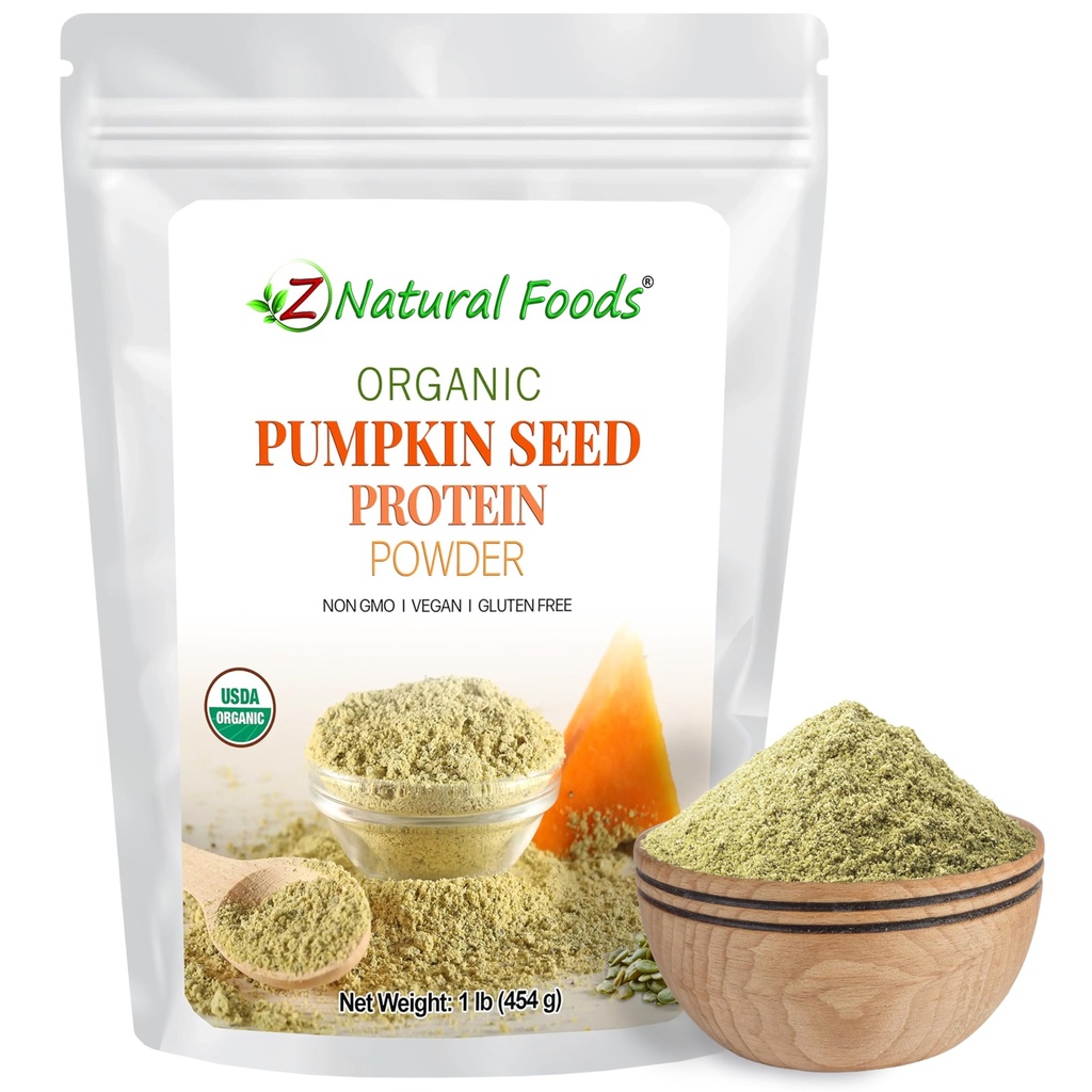 Z Natural Foods Organic Pumpkin Seed Protein Powder - Nutrient-Dense Fiber Supplement, Vegan Pumpkin Protein Powder for Hair Skin Nails Muscle Health - Ideal para smoothies Shake Baking Recipes, 1 lb