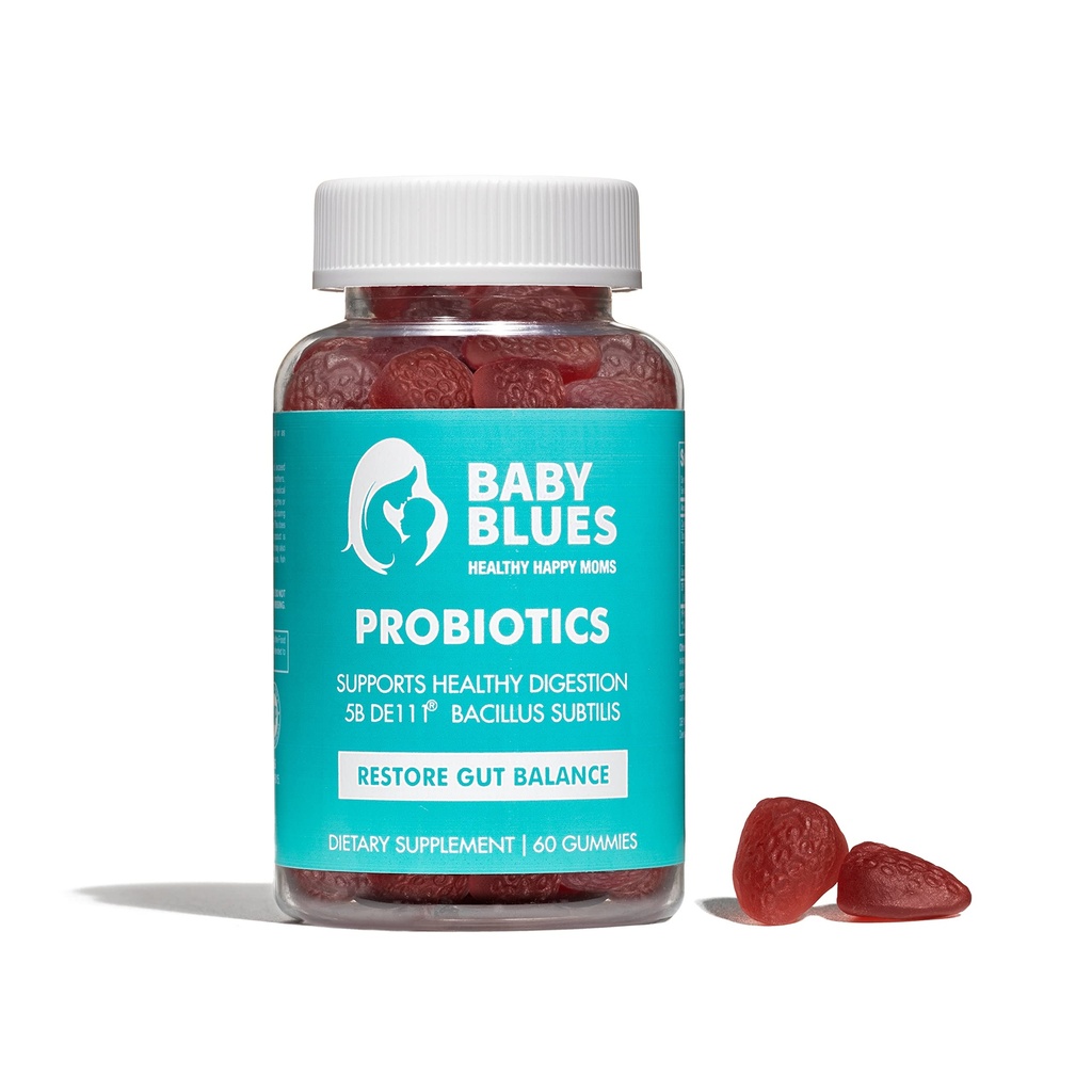 Baby Blues Gummies Probiótico para Mulheres – Flavor de Morango Orgânico – Gut, Imune, Pele & Saúde Vaginal – 5 bilhões UFC DE111® – Vegan Suplemento Diário para Mães – Apoio pré/pós-natal