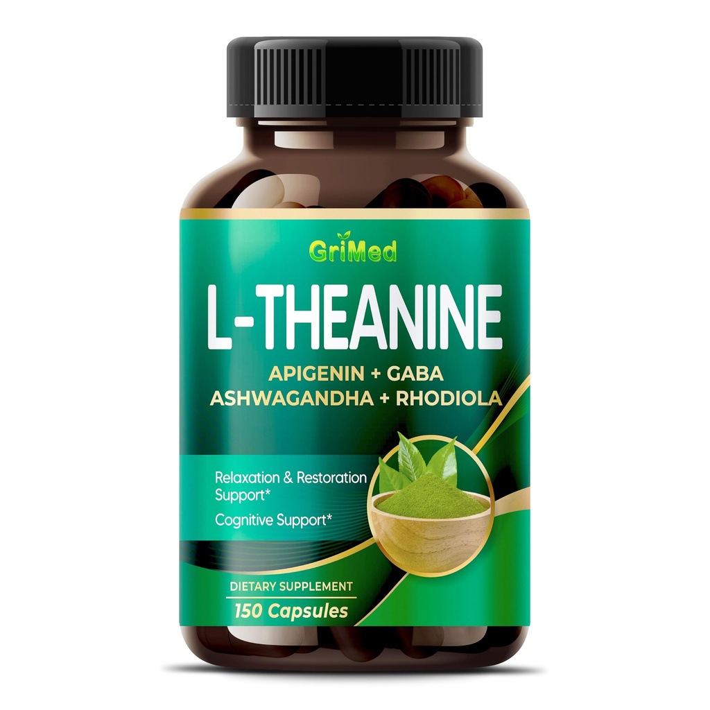 GriMed L-Theanina 11,900mg- X10 Power com Apigenin, GABA Ashwagandha, Rhodiola - Relaxação e Restauração Foco e Memória - Made in USA (150 Count of 1))